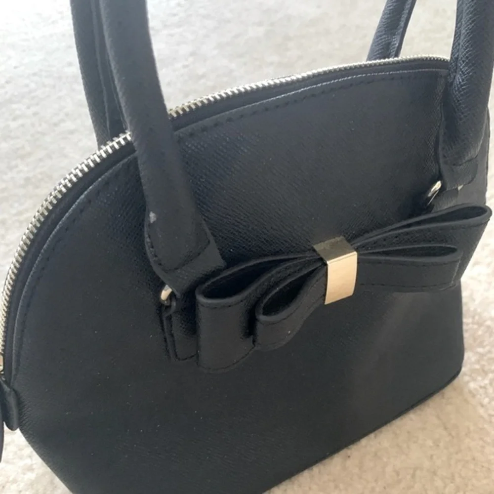 Small Black Faux Leather Mini Sachel With Bow Accent Excellent Used Condition